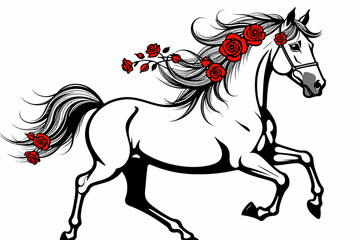 Obraz premium Elegant White Horse with Red Roses Illustration - Majestic Equine Art for Designers - Horse Lovers Graphic Design Resource