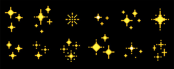 Pixel stars set for cosmic adventures, arcades, galaxy background. Yellow shine pixelated geometric shapes in space. Retro 8 bit gaming style sparkle icon pack. Minimal spark gold nostalgic elements