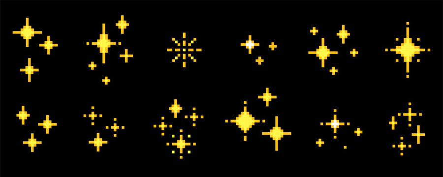 Pixel stars set for cosmic adventures, arcades, galaxy background. Yellow shine pixelated geometric shapes in space. Retro 8 bit gaming style sparkle icon pack. Minimal spark gold nostalgic elements