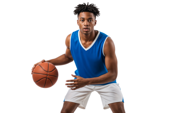 Focused young male basketball player holding ball, ready to dribble. isolated on transparent background