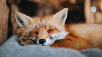 Fototapeta premium A sleepy red fox, nestled comfortably on a soft surface, exudes calm and serenity, showcasing its beautiful fur and peaceful demeanor as it enjoys a moment of rest.