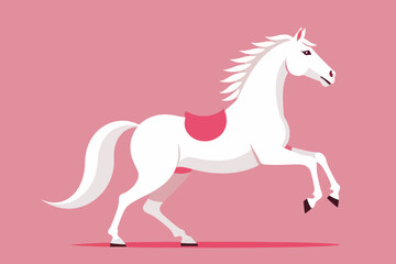 Elegant White Horse on Pink Background - Minimalist Vector Art of Prancing Equine with Pink Saddle - Horse Illustration for Wall Art & Decor- Equestrian Design
