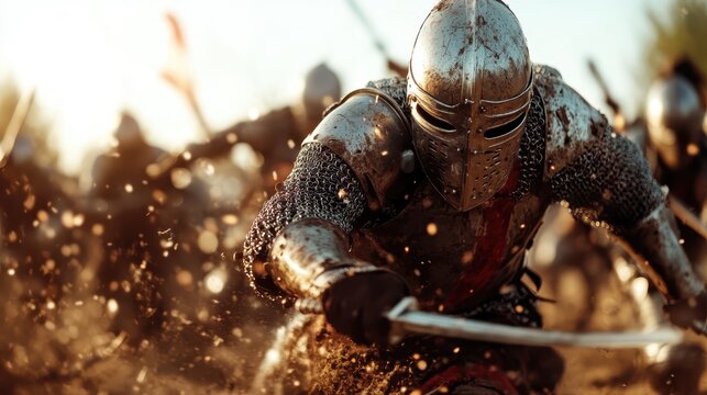 A medieval knight clad in shining armor charges fearlessly into battle, surrounded by chaos, embodying bravery and honor in a vivid depiction of warfare from a historic era.