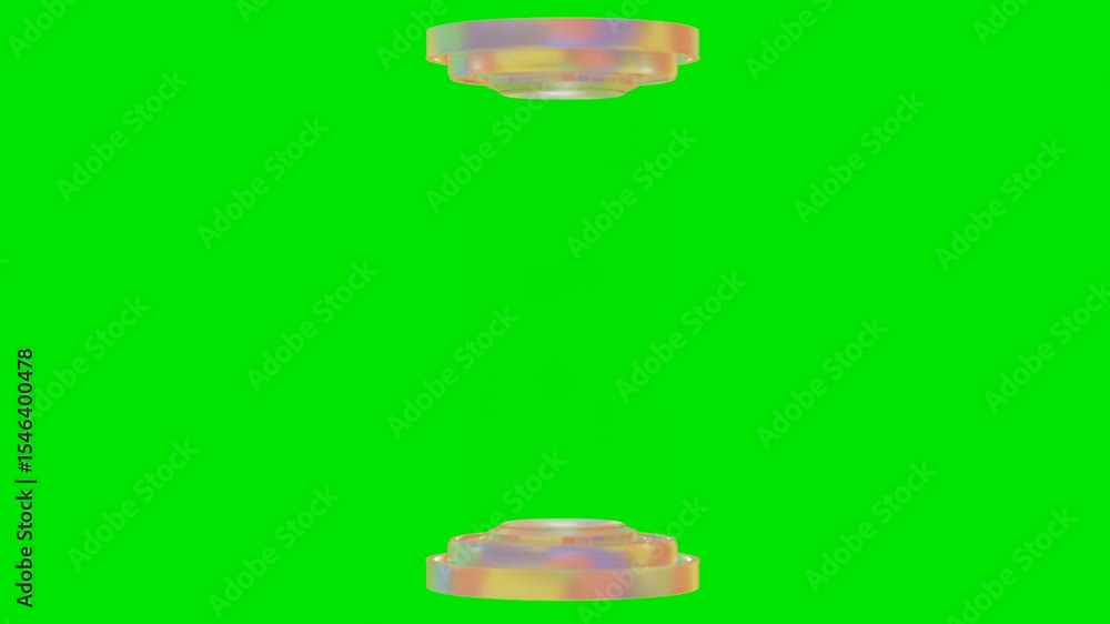 Poster colorful fantasy portal with rotating round structures on green background. 3d render looped animati