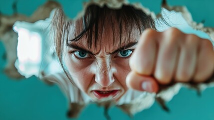 This intense close-up image showcases an angry woman punching through a wall, capturing the raw emotion and strength of determination in a striking moment.
