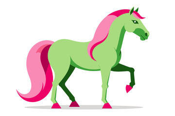 Fototapeta premium Whimsical Green Horse Illustration with Pink Mane and Tail-Cute Cartoon Horse Character-Animal Illustration for Kids-Digital Art Print-Unique Horse Image-Stylized Green Horse