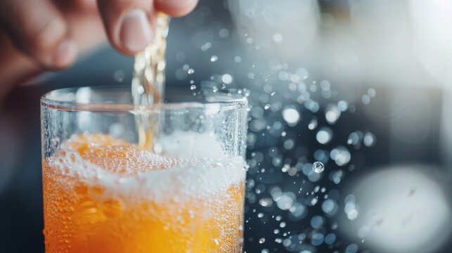 An enticing image of a hand pouring a fizzy drink into a glass, capturing the vibrant bubbles and splashes that evoke feelings of refreshment and joy during a sunny day.