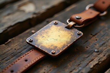 Distressed retro badge with earthy leather strap on vintage wooden background—perfect for mockups, identity design, or classic industrial themes