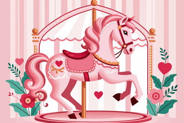 Pink Carousel Horse Illustration-Whimsical Fairground Ride-Sweet Vintage Carnival-Festive Illustration-Childrens Artwork-Lovely Nostalgic Scene