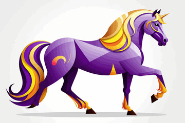 Obraz premium Majestic Purple Unicorn Illustration-Fantasy Horse Art with Golden Mane and Tail-Unique Geometric Design-Ideal for Children's Decor-Magical Creature Artwork