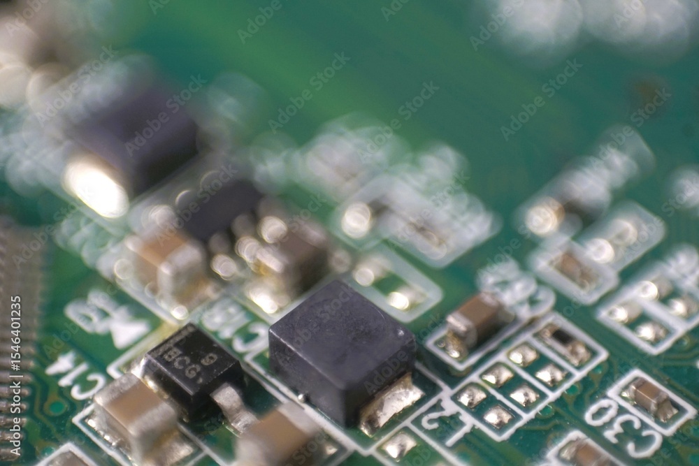 Poster close-up of a circuit board's intricate components, showcasing its complex design and technological 