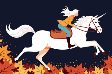 Woman riding a Unicorn Illustration - Fantasy Art with Fall Leaves - Magical Creature and Rider in Autumn Colors-Digital Art Unicorn Illustration