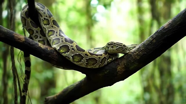 Wild Python Coiled on Tree Branch in Jungle