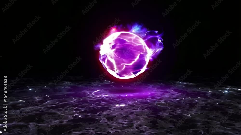 Poster dynamic energy sphere pulsating with electrifying purple and red flames in dark space