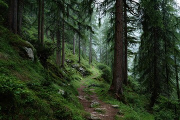 Obraz premium Explore a serene footpath winding through tall conifers in a green forest, perfect for summer vacation adventures and nature sports