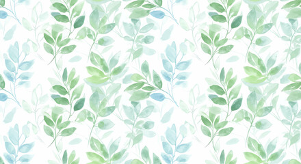 Elegant watercolor leaves pattern with soft green hues on a white background