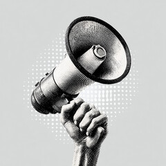 Generated Image of Retro vintage hand holding megaphone vibrant pop art collage, element set on transparent background monochrome halftone