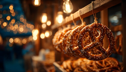 Close-up of salted pretzels hanging on a wooden rack in a festive beer hall setting with warm lighting