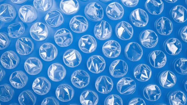 Close-up of clear bubble wrap texture providing protection and cushioning on vibrant blue background, offering surface covering for packaging material.