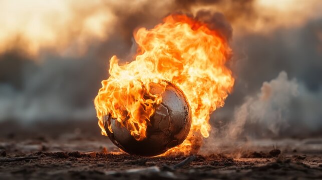A striking image of a globe engulfed in flames, rolling across a barren landscape, capturing the intensity of fire and the beauty of destruction.