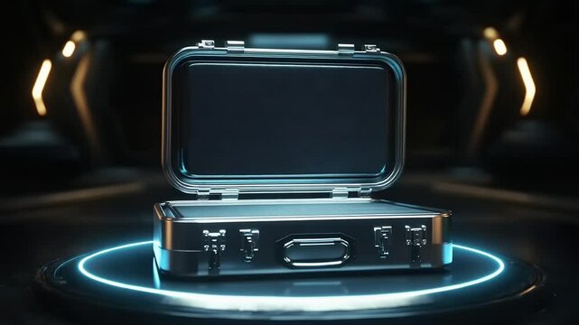 Futuristic metallic case displayed in a sleek, illuminated environment with a tech-inspired backdrop