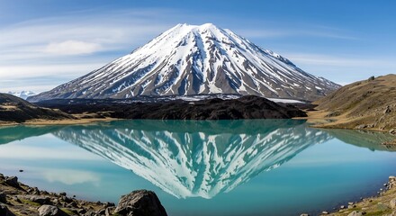 Majestic snow capped mountain reflected in the turquoise waters of a pristine lake