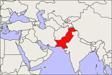 Pakistan country map, Asia map in wide view highlighting Pakistan country