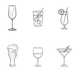 Hand-drawn cocktail and drink doodles with transparent background &mdash; wine, beer, champagne, martini, and juice in glassware &mdash; concept bar, restaurant, drink menu design business