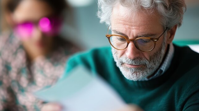 A contemplative man sits in a café, examining a letter with an introspective expression while a woman with sunglasses is blurred in the background, highlighting the moment.