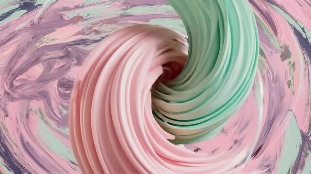 Swirling pink and green paint creating abstract texture on canvas  
