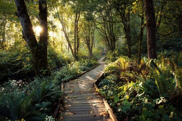Fototapeta premium Explore a tranquil forest path with sunlight streaming through trees, inspiring summer adventure and connection with nature