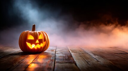 Jack-o'-lantern carved pumpkin with light on a rustic wooden table with dark, diffused misty smoke, a Halloween decoration. All Hallows Eve, Samhain