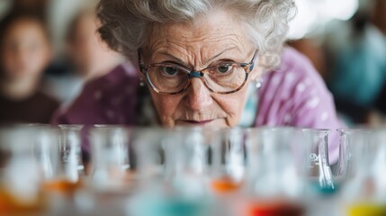 An elderly woman with glasses closely examines various colorful science beakers filled with vibrant liquids, embodying curiosity and the pursuit of knowledge in a laboratory.