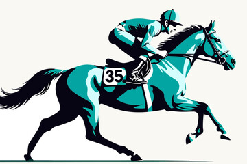 Horse Racing Illustration-Jockey Riding Racehorse-Equestrian Sport Art-Number 35-Graphic Design-Teal and Black-Fast Horse-Horseback Riding-Competition
