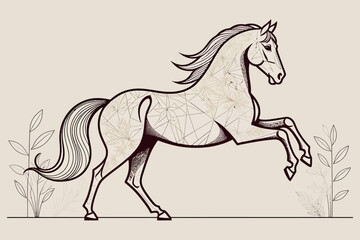 Elegant Horse Illustration with Floral Patterns-Detailed Line Art Horse Image-Horse Artwork Featuring Botanical Designs-Artistic Horse Depiction with Graceful Pose