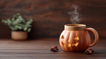 Steaming pumpkin shaped mug on a rustic wooden table with star anise. Warm drink for autumn Halloween season. All Hallows Eve, Samhain