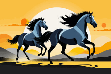 Elegant Horse Illustration-Wild Mustangs Running at Sunset-Equine Art Print-Majestic Animals in Motion-Blue and Black Horses-Golden Sky Landscape