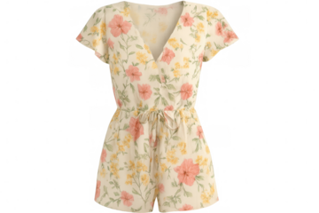 Pale yellow floral playsuit featuring short sleeves, v-neckline, summer-ready garment draped against clear backdrop