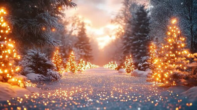 Snowy path with a row of Christmas trees lit up with lights. The scene is peaceful and serene, with the snow-covered ground and the glowing lights creating a warm and inviting atmosphere