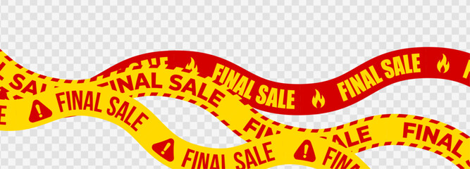 Final Sale Banner Ribbons in Red and Yellow with Fire and Warning Icons, Perfect for Promotions, Discounts, and Clearance Advertising. Vector Illustration.
