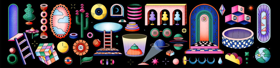 Fototapeta na wymiar Psychedelic dimensions and art. Modern linear vector illustrations of abstract shapes, 3d objects with outline and contour, otherworldly objects, stairs, esoterics, abstraction, surreal 