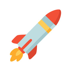Whimsical rocket ship soaring upwards against a white background representing space exploration and innovation