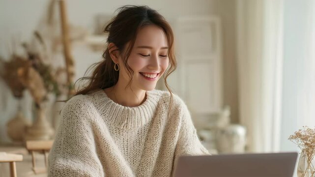 笑顔で在宅ワークする日本人女性