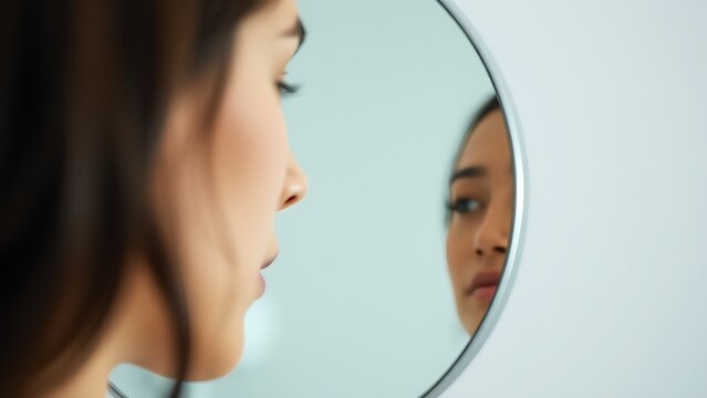 Young man looking at his reflection in mirror with thoughtful expression, self reflection and personal growth concept, narcissism or self love idea, psychological and emotional development