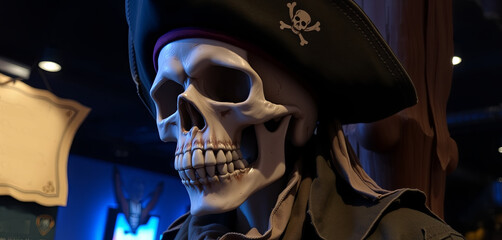 A realistic pirate skeleton adorned with a hat stands in a darkened entertainment venue, showcasing an eerie yet captivating display. The setting adds to the adventurous theme