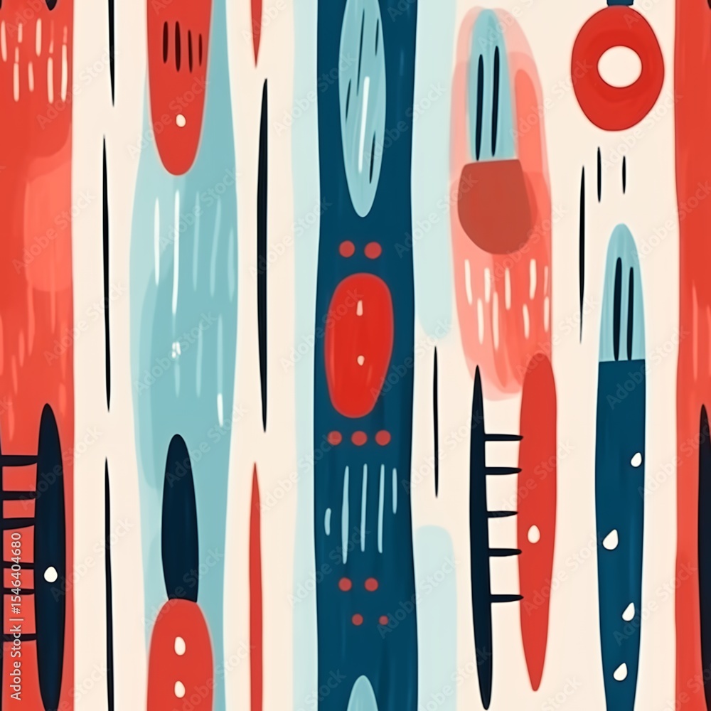 Poster abstract seamless pattern with red blue and cream vertical lines and geometric shapes