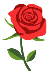 Decorative red rose with stem and leaves isolated on white. Vintage flower icon. Hand drawn vector stock illustration.