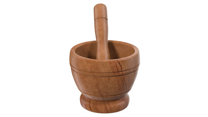 A wooden mortar and pestle used for grinding and mixing ingredients in cooking.