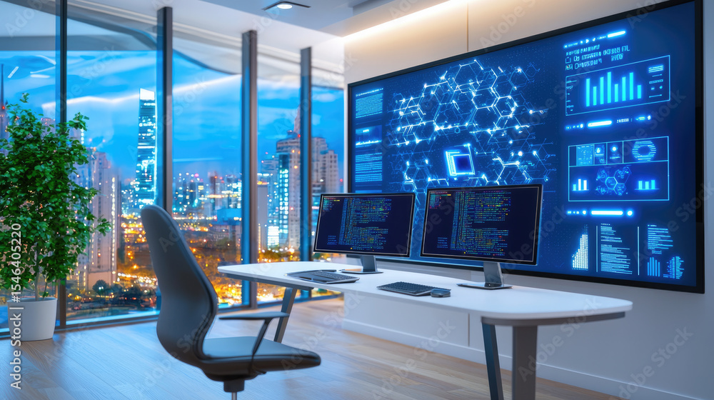 Aufkleber modern office with ai automation hub, digital screens, cityscape view, coding, and futuristic techno