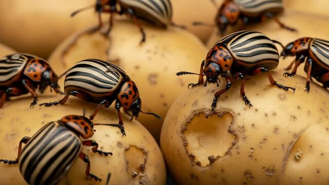 Adult colorado beetle, pest invasion, parasite destroy potato plants, farm damage